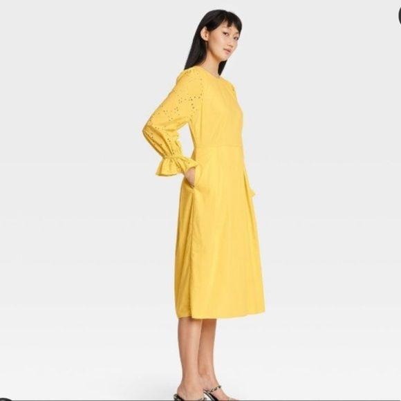Who What Wear Yellow Eyelet Longsleeve Dress XS