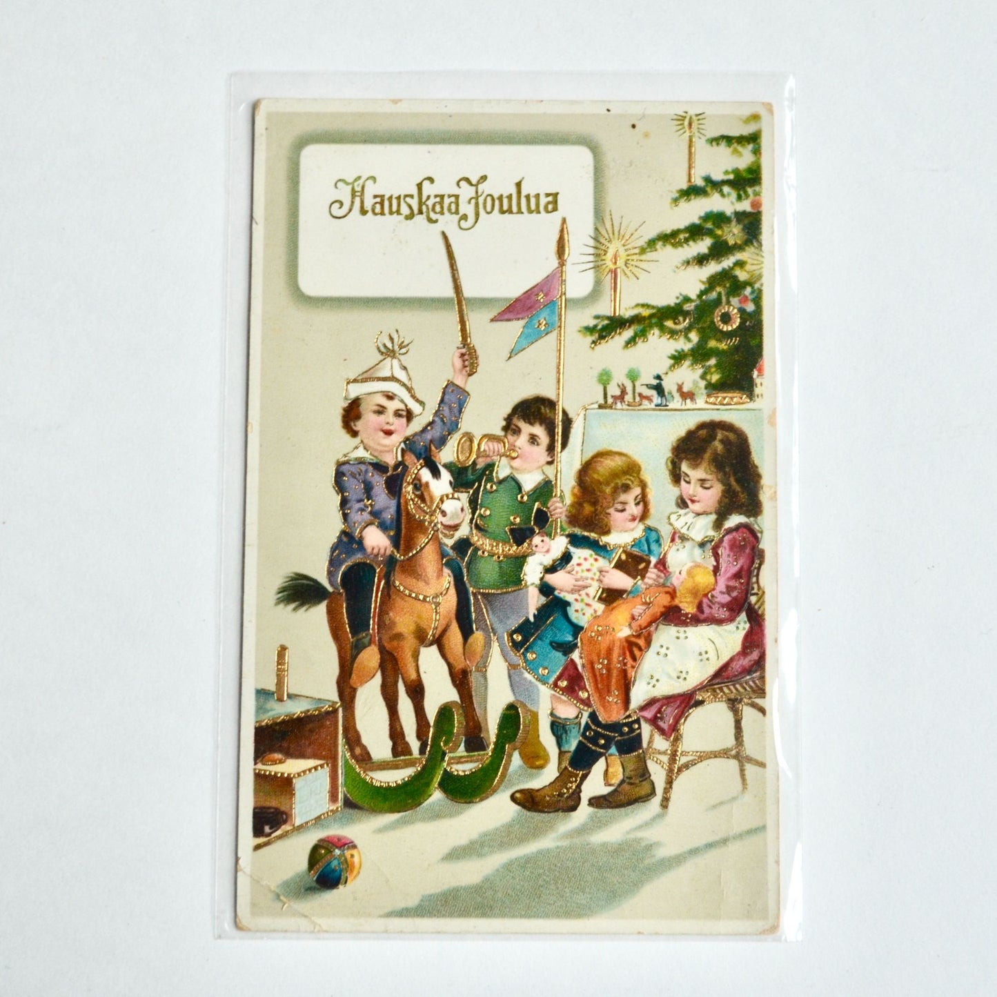 1914 Antique Hauskaa Joulua Postcard Children Gold Detail Christmas Finnish