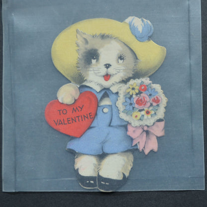 Gibson Vintage Valentine Card Cat with Hat Flowers To My