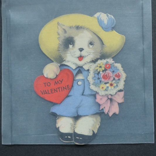 Gibson Vintage Valentine Card Cat with Hat Flowers To My