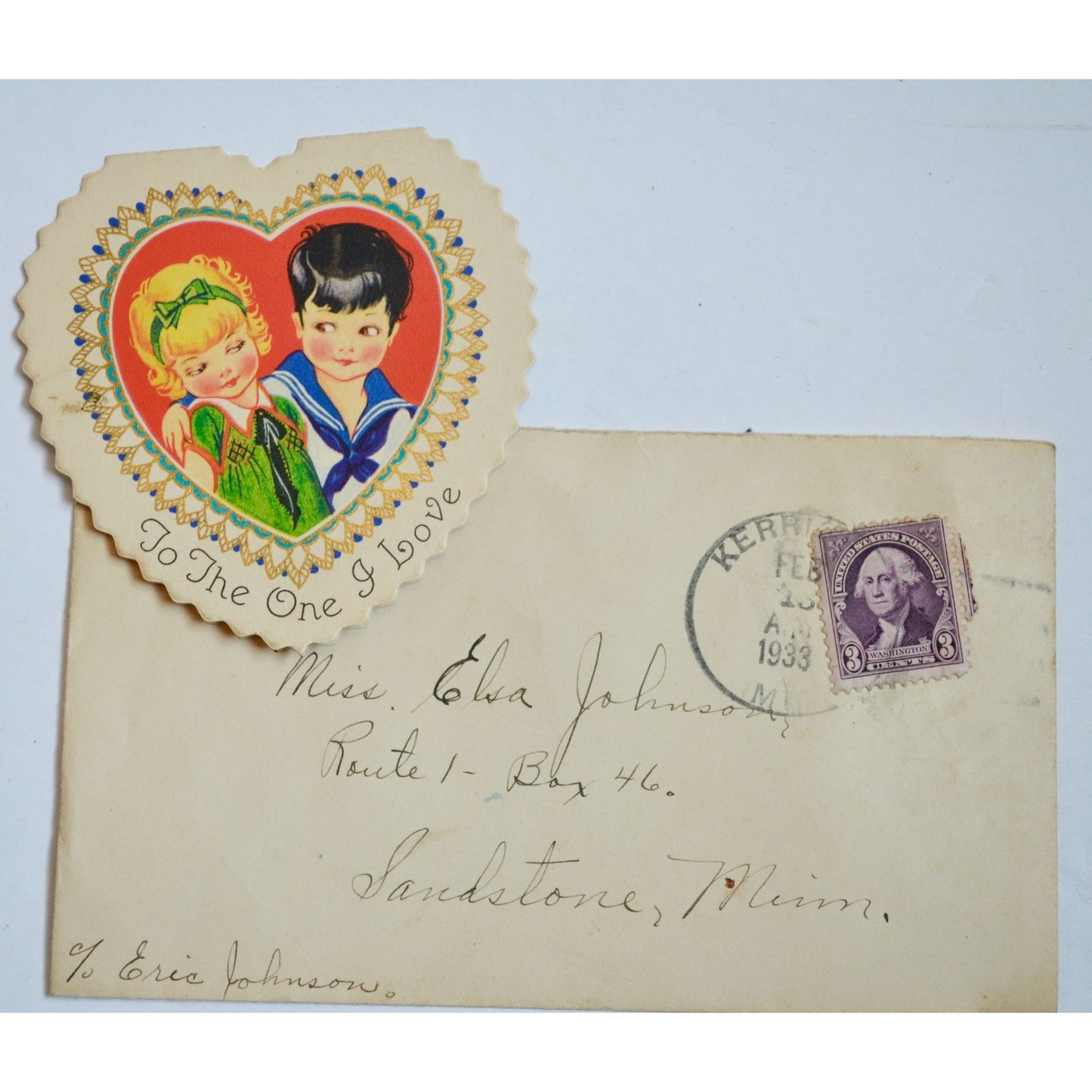 Vintage 1930s Valentine Card with Envelopes Stamped Minnesota