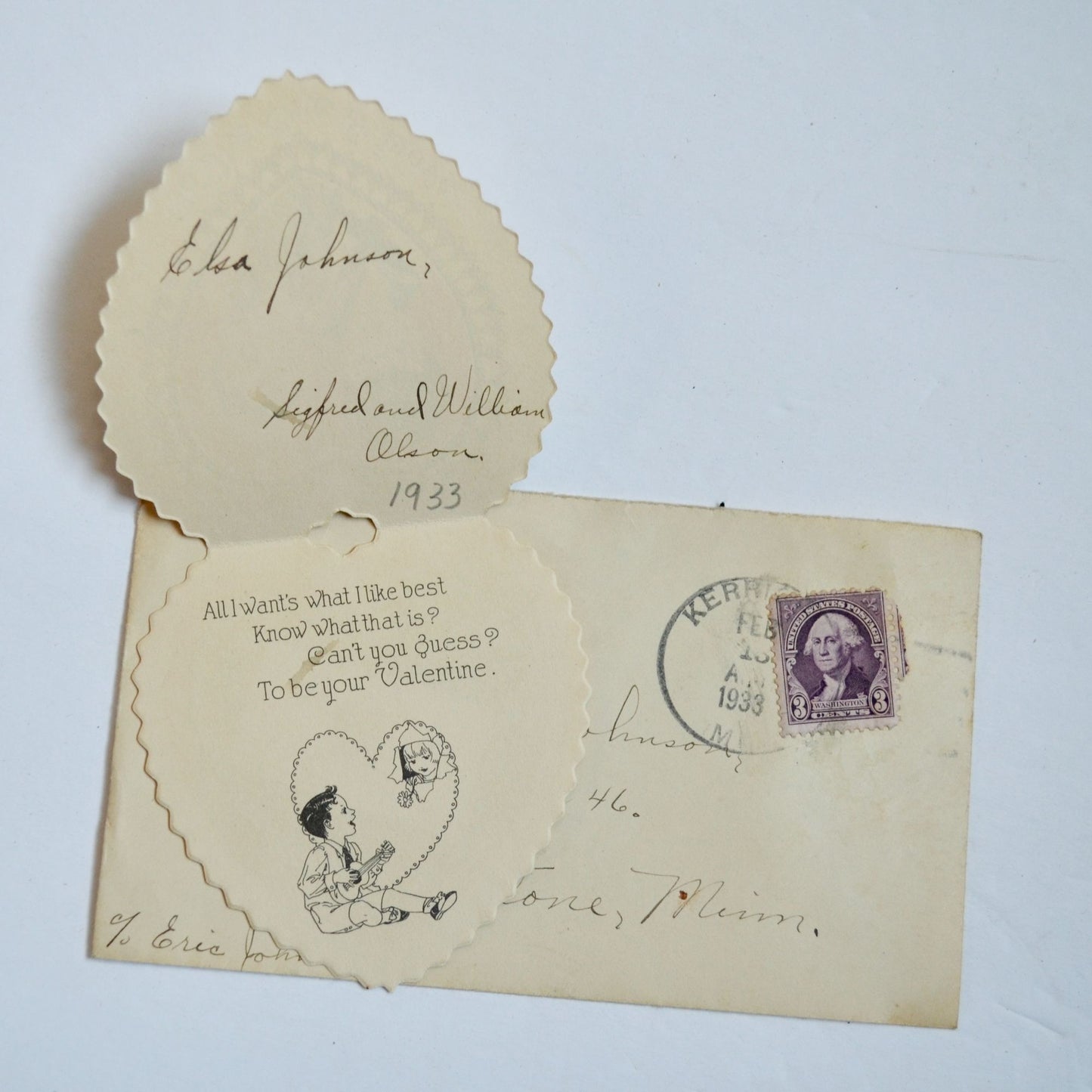 Vintage 1930s Valentine Card with Envelopes Stamped Minnesota