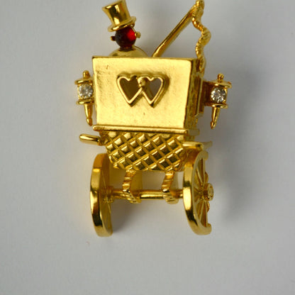 Trifari Gold Tone Rhinestone Honeymoon Coach Brooch Vintage