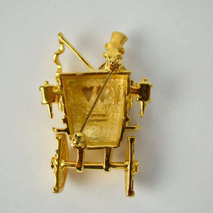 Trifari Gold Tone Rhinestone Honeymoon Coach Brooch Vintage