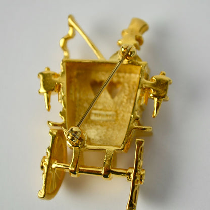 Trifari Gold Tone Rhinestone Honeymoon Coach Brooch Vintage