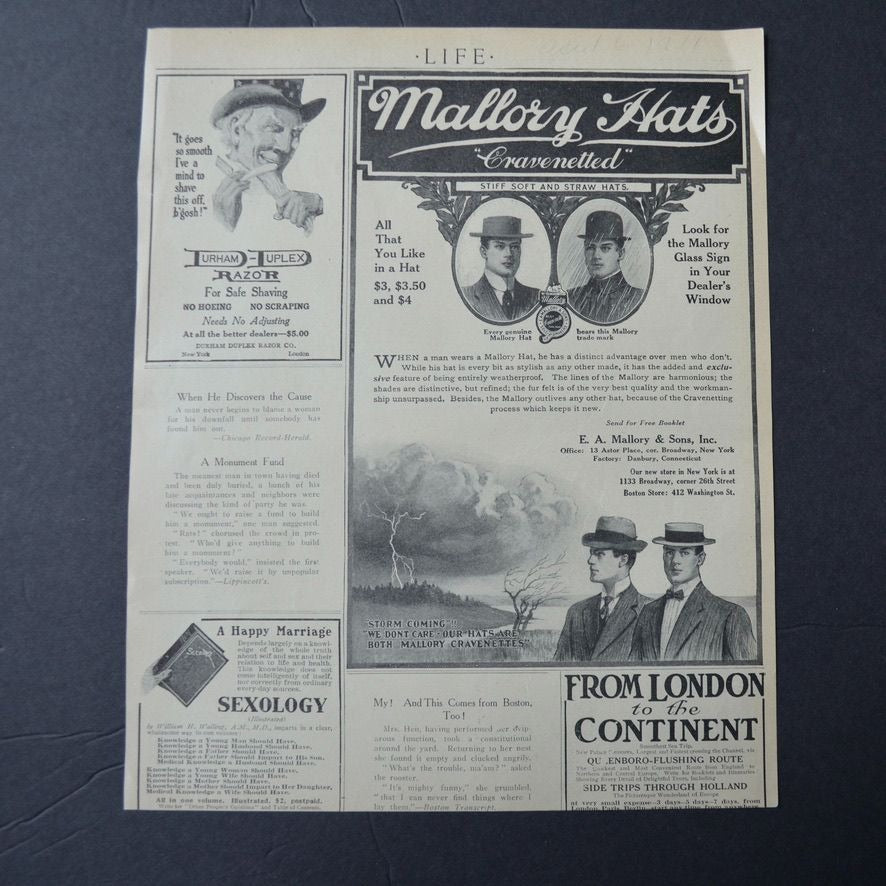 Antique 1911 Life Magazine Advertisement Packard Motor Trucks & Mallory Hats