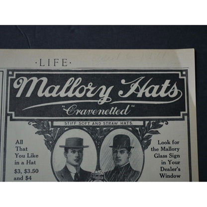 Antique 1911 Life Magazine Advertisement Packard Motor Trucks & Mallory Hats