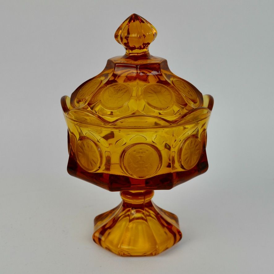 Fostoria Vintage Amber Coin Glass Lidded Candy Dish Compote Eagle Depression