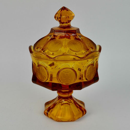 Fostoria Vintage Amber Coin Glass Lidded Candy Dish Compote Eagle Depression