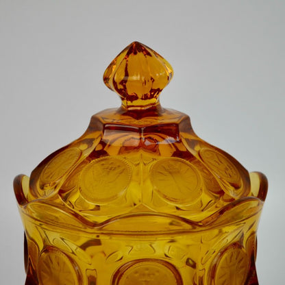 Fostoria Vintage Amber Coin Glass Lidded Candy Dish Compote Eagle Depression