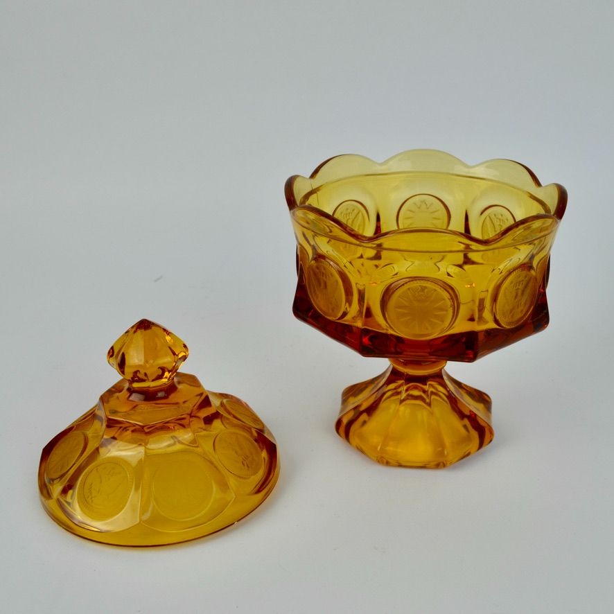Fostoria Vintage Amber Coin Glass Lidded Candy Dish Compote Eagle Depression