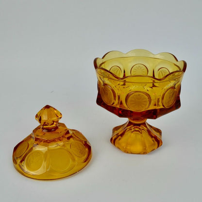 Fostoria Vintage Amber Coin Glass Lidded Candy Dish Compote Eagle Depression