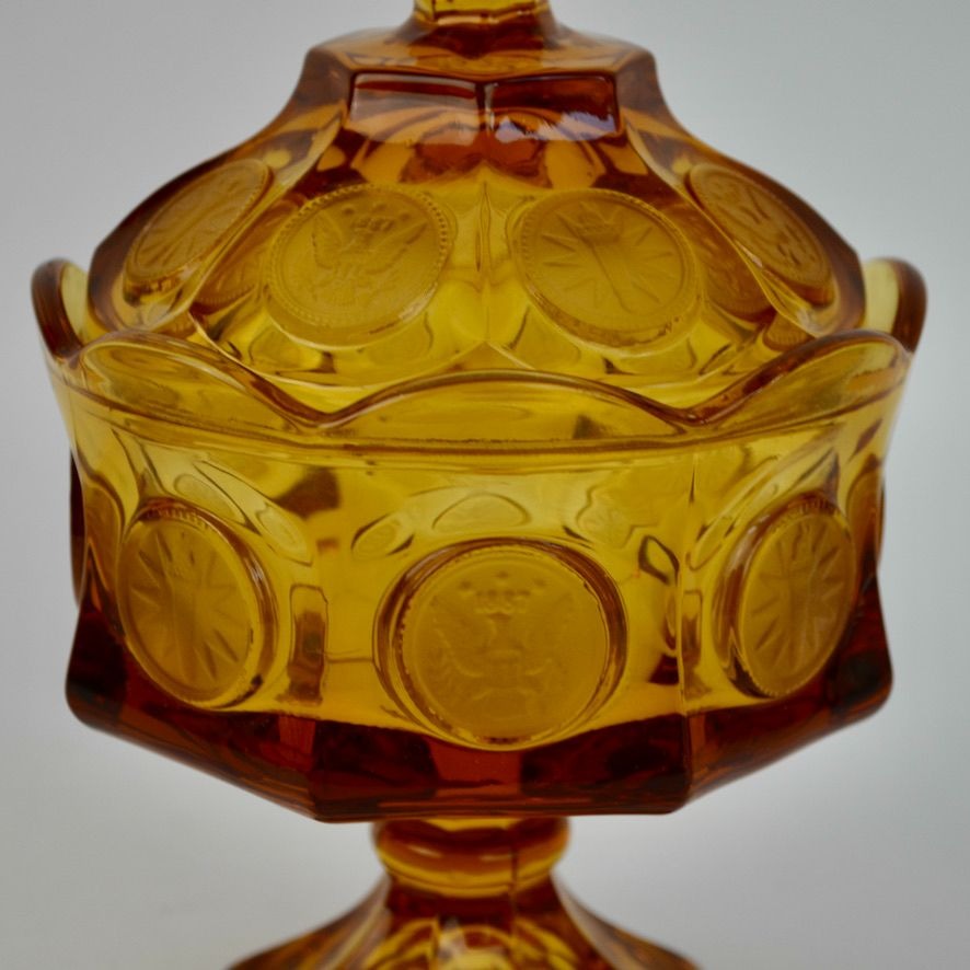 Fostoria Vintage Amber Coin Glass Lidded Candy Dish Compote Eagle Depression