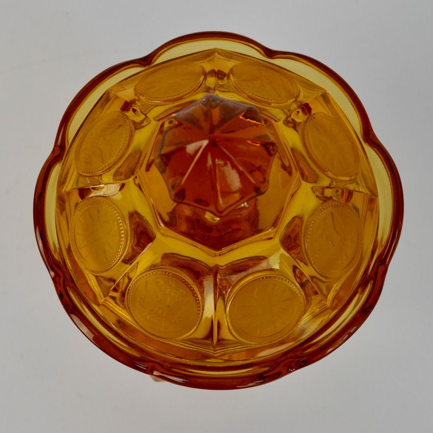 Fostoria Vintage Amber Coin Glass Lidded Candy Dish Compote Eagle Depression