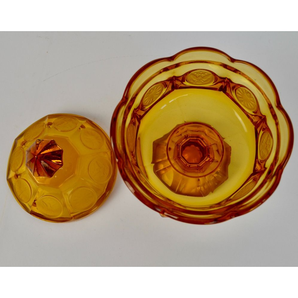 Fostoria Vintage Amber Coin Glass Lidded Candy Dish Compote Eagle Depression