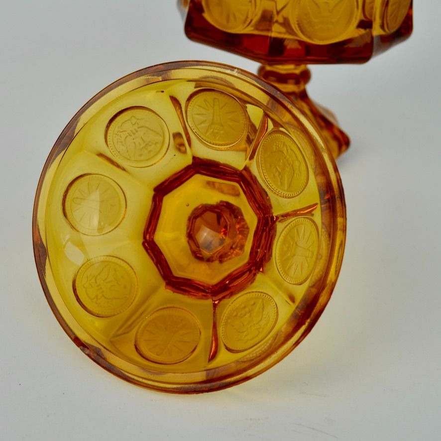 Fostoria Vintage Amber Coin Glass Lidded Candy Dish Compote Eagle Depression