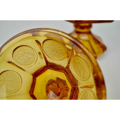 Fostoria Vintage Amber Coin Glass Lidded Candy Dish Compote Eagle Depression