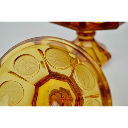 Fostoria Vintage Amber Coin Glass Lidded Candy Dish Compote Eagle Depression