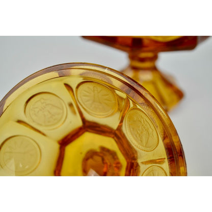 Fostoria Vintage Amber Coin Glass Lidded Candy Dish Compote Eagle Depression