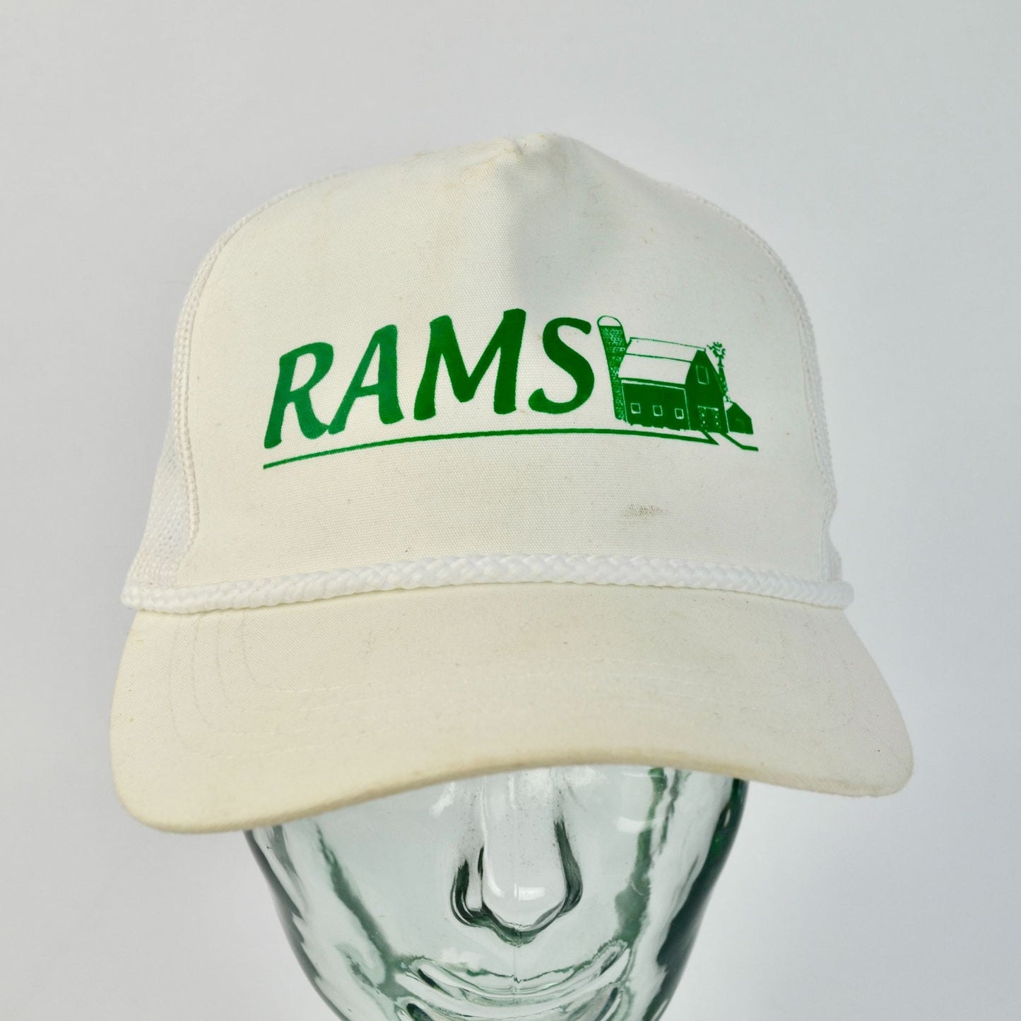 Vintage Rams White Green Barn Farming Hat Trucker Braided