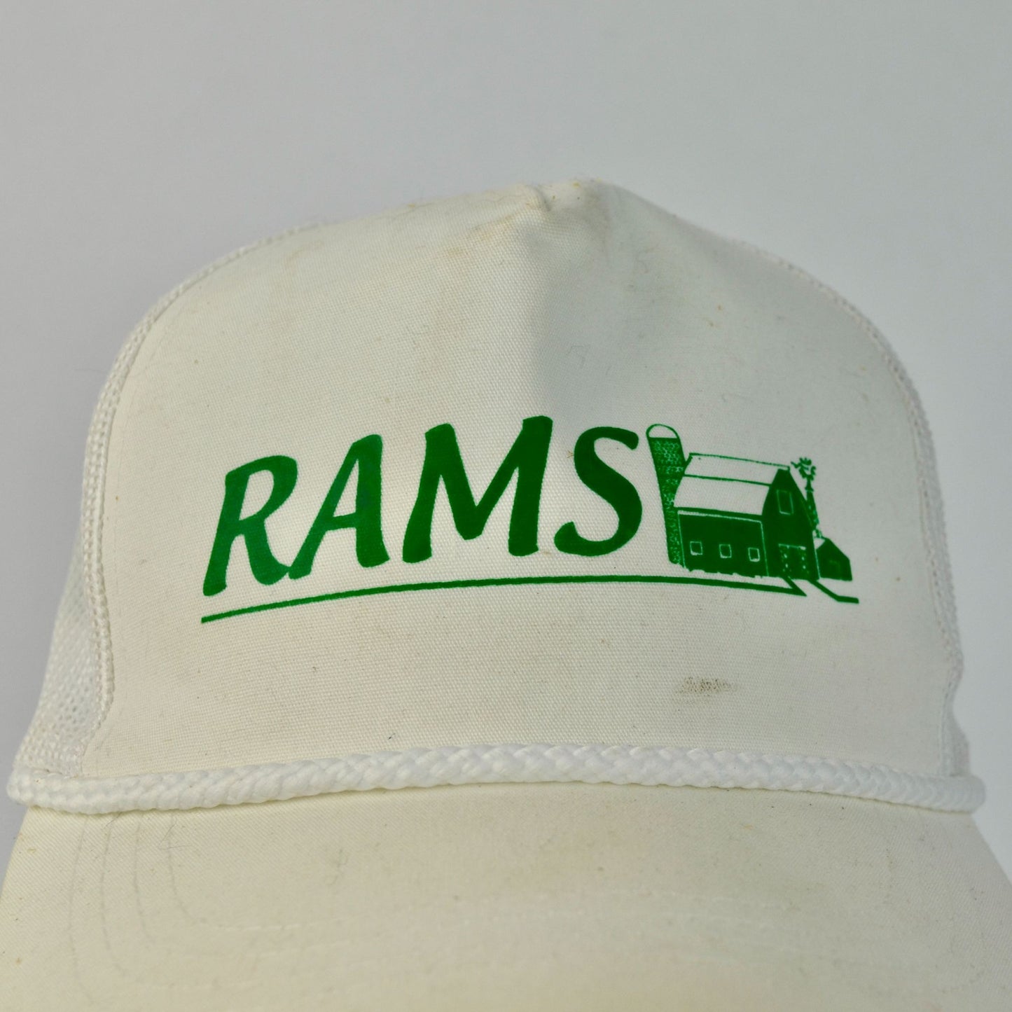 Vintage Rams White Green Barn Farming Hat Trucker Braided