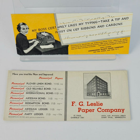 Vintage Blotts Underwood Elliott Fisher Co. & F. G. Leslie Paper Company Minnesota