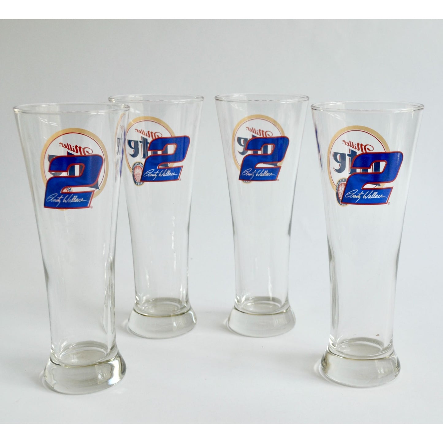Set of 4 Miller Lite Rusty Wallace #2 Beer Pilsner Glasses Tall 8.5" NASCAR Racing