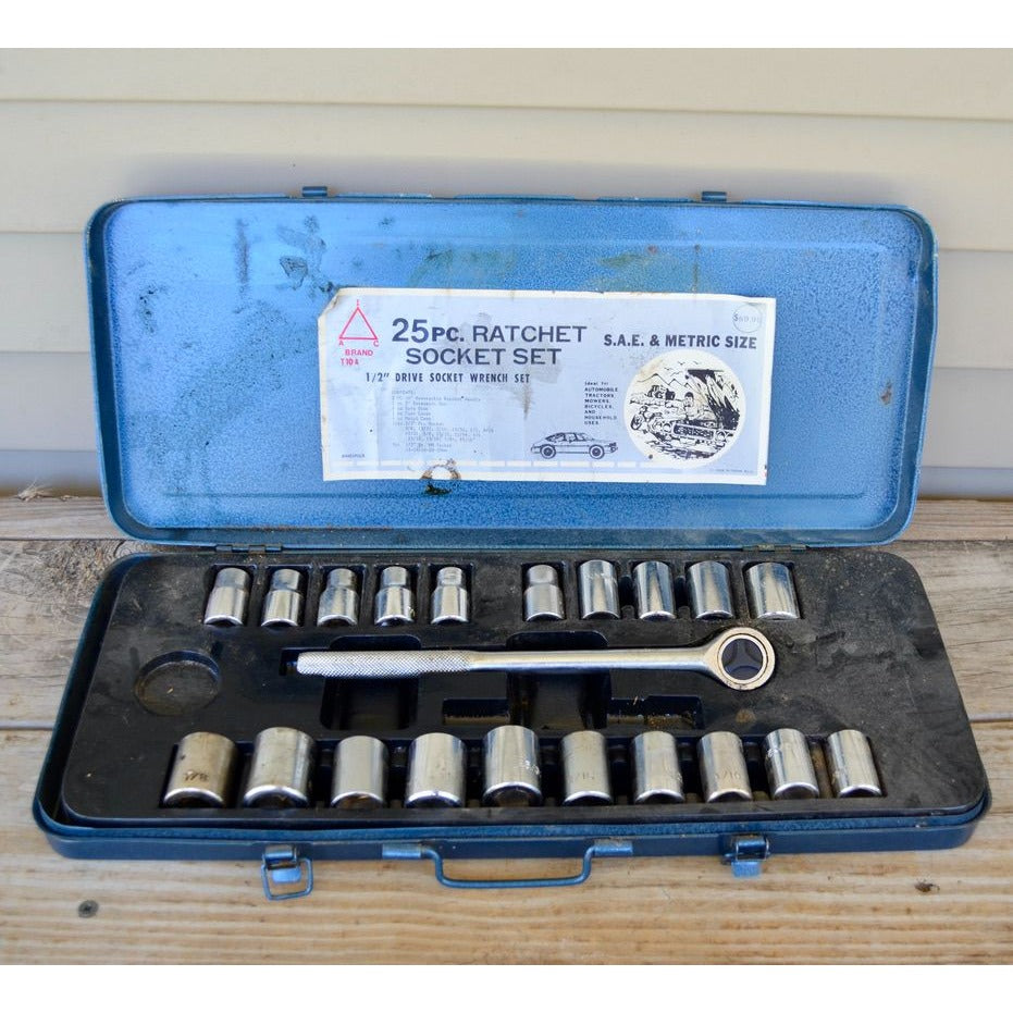 Vintage  IAC 1/2" Ratchet Socket Set 6-pt SAE & Metric 22 of 25 Pieces