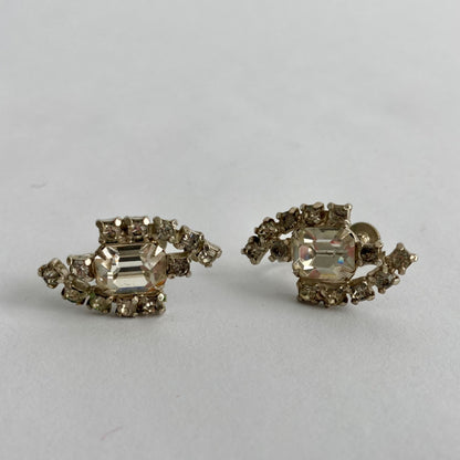 Vintage Rhinestone Silver Screw Back Earrings Pair Screwback