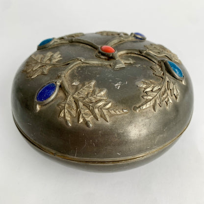 Antique Vintage Chinese Brass ? Stone Lidded Bowl 5.75 x 3" Silver