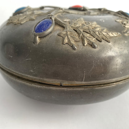 Antique Vintage Chinese Brass ? Stone Lidded Bowl 5.75 x 3" Silver