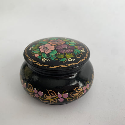 Vintage Ukraine Ukrainian Hand-Painted Trinket Bowl Dish Lidded Floral Black