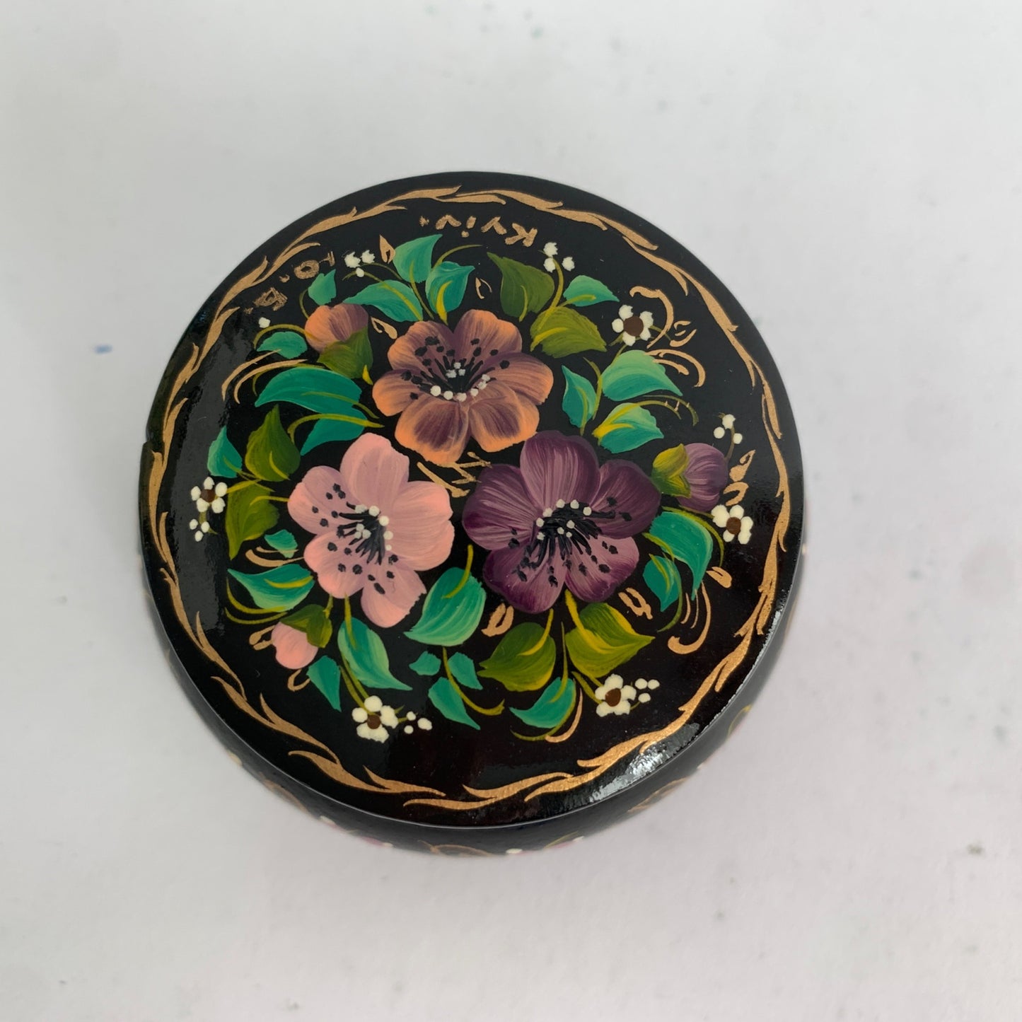 Vintage Ukraine Ukrainian Hand-Painted Trinket Bowl Dish Lidded Floral Black