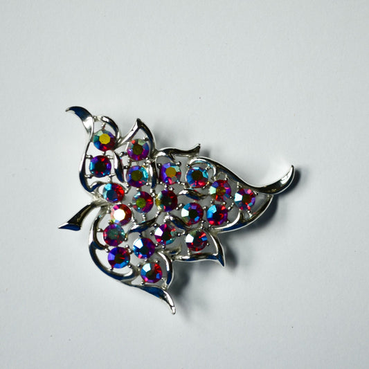 Sarah Coventry Aurora Borealis Leaf Red AB Silver Brooch Vintage