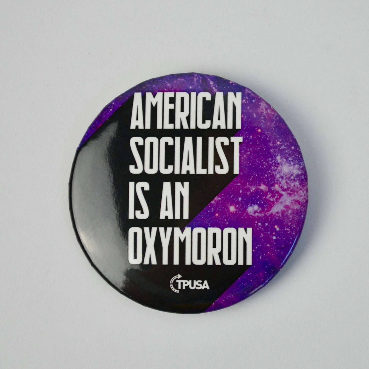 TPUSA Charlie Kirk American Socialist is an Oxymoron Pin NEW 2"