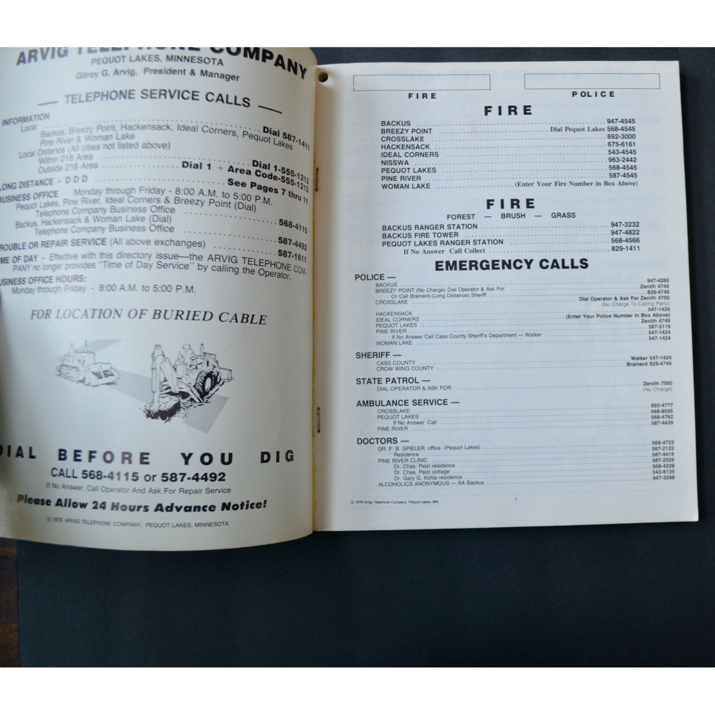 Vintage May 1978 Arvig Telephone Company Directory Northern Central MN Book