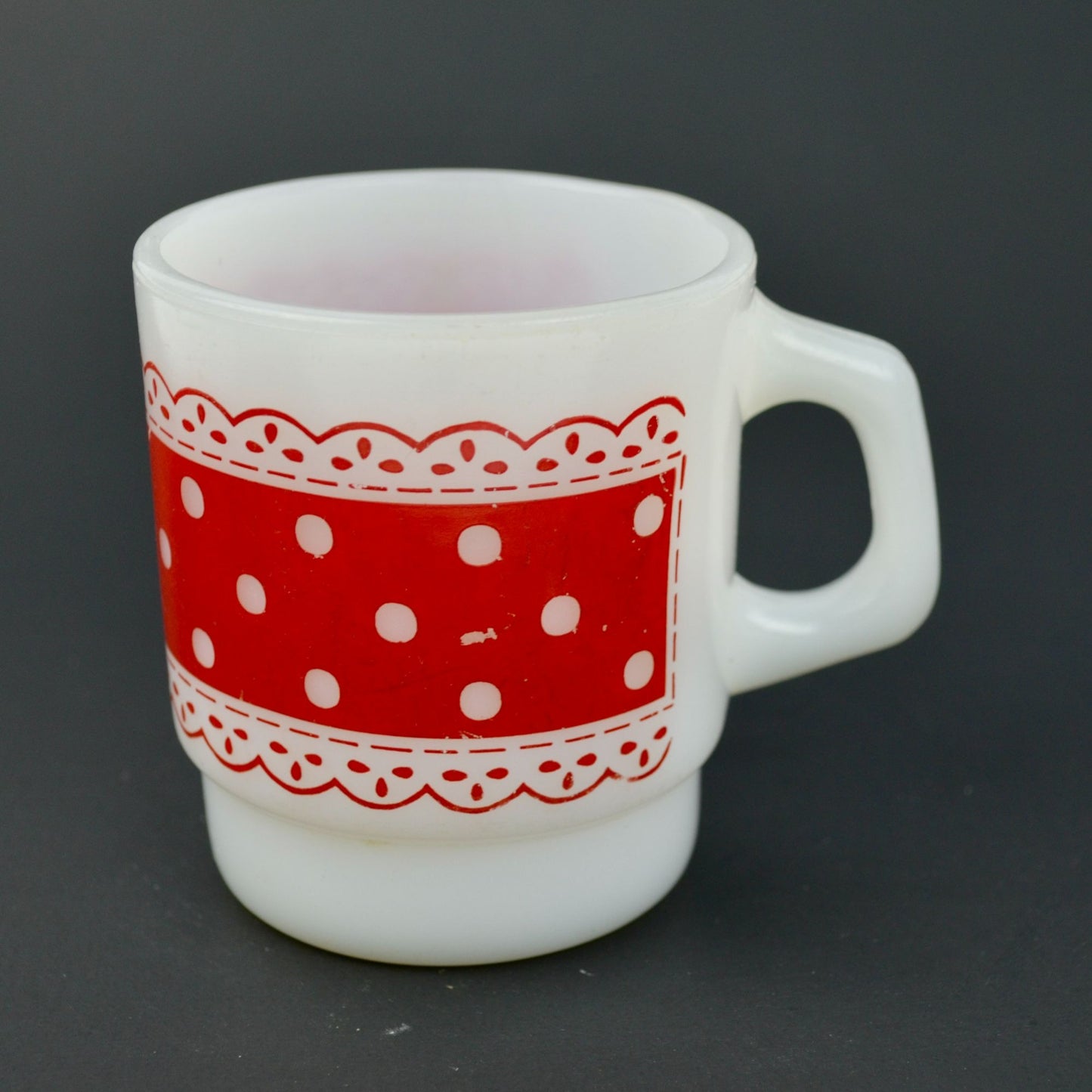 Fire-King Anchor Hocking Red Polka Dots Lace Milk Glass Coffee Mug