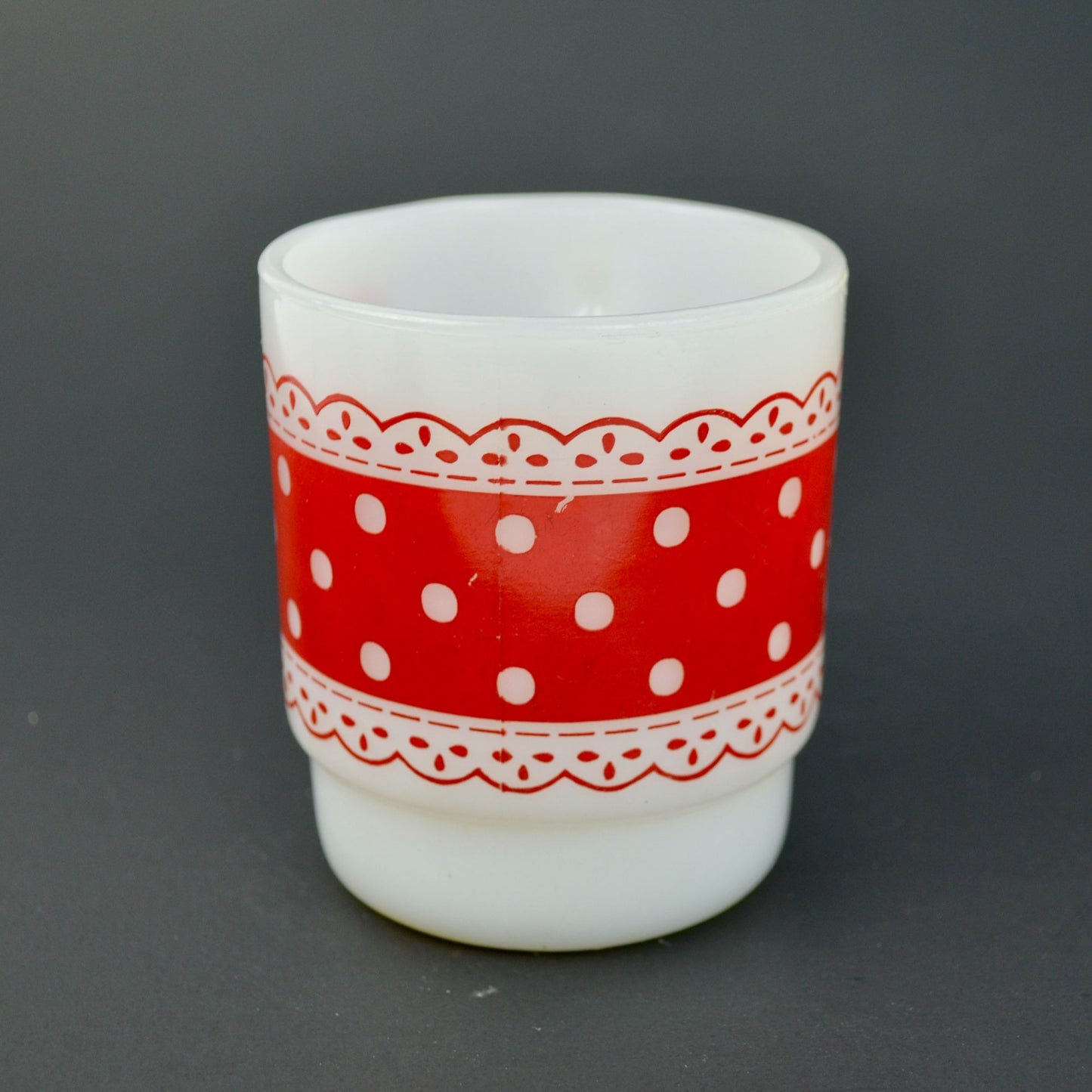 Fire-King Anchor Hocking Red Polka Dots Lace Milk Glass Coffee Mug