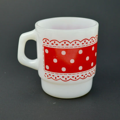 Fire-King Anchor Hocking Red Polka Dots Lace Milk Glass Coffee Mug