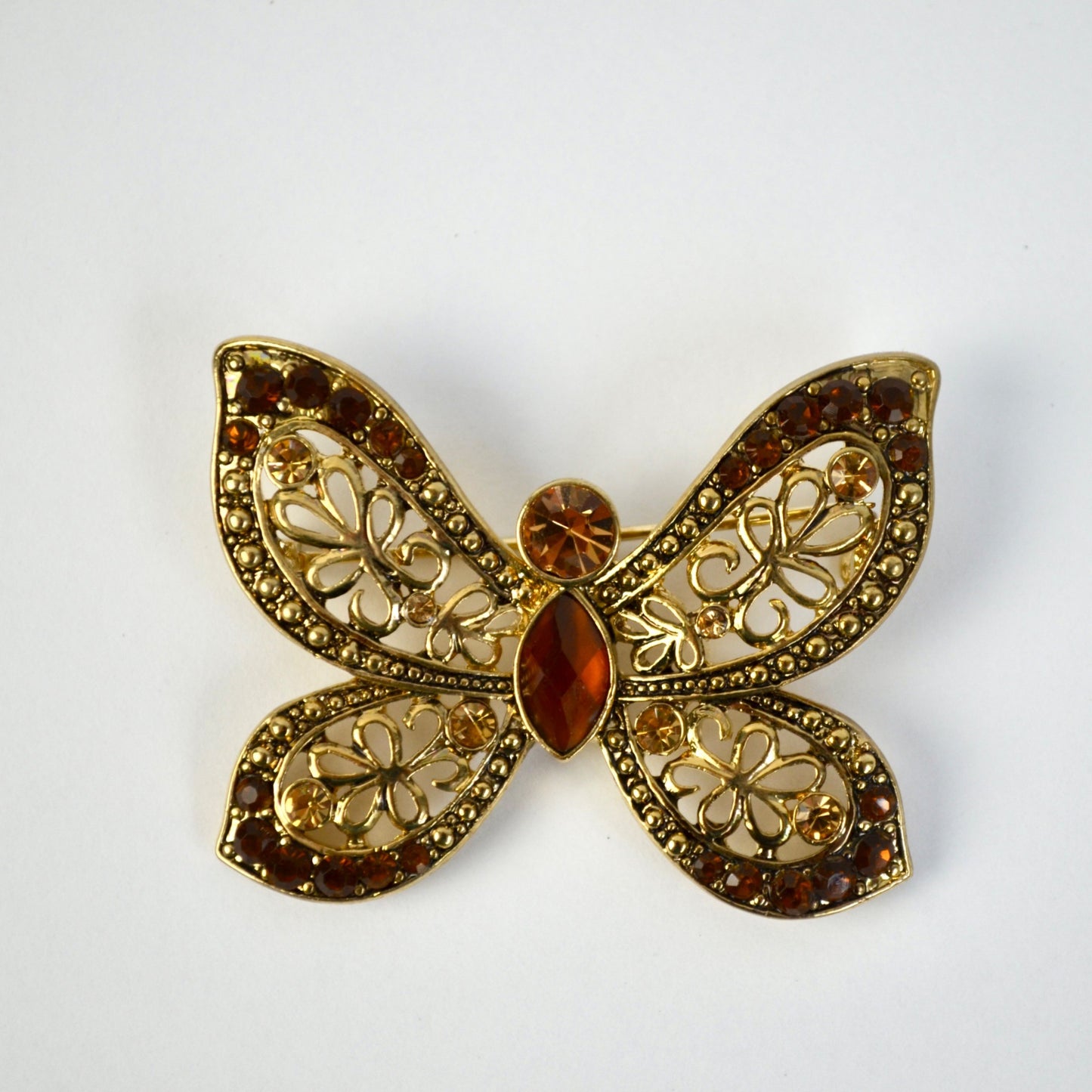 Gold Toned Brown Rhinestone Butterfly Brooch Vintage