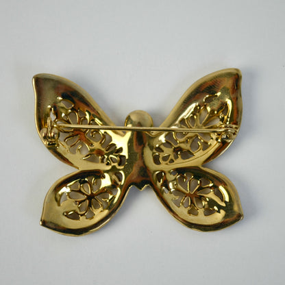 Gold Toned Brown Rhinestone Butterfly Brooch Vintage