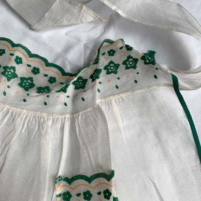 Vintage MCM White Sheer Green Detailed Half Apron