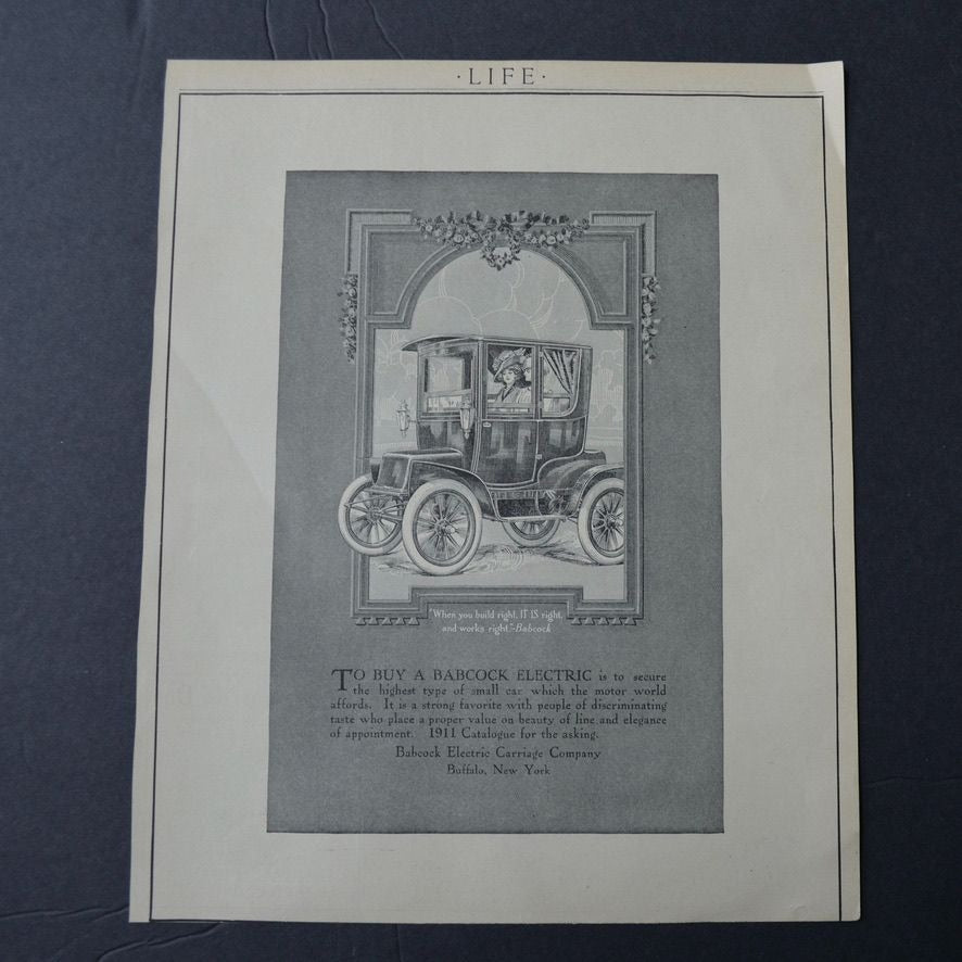 Antique 1911 Life Magazine Advertisement Babcock Electric Carriage Car Company