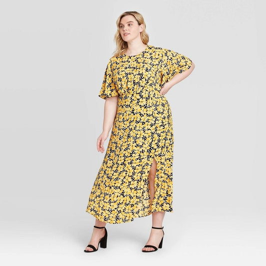 Who What Wear Floral Print Short Sleeve Maxi Dress Yellow 1X