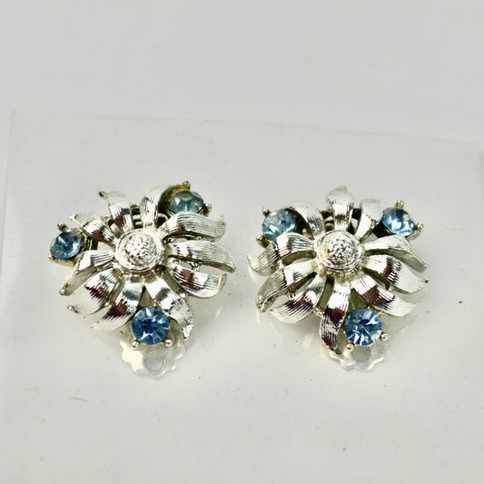 Vintage Clip On Earrings Silver Blue Rhinestones