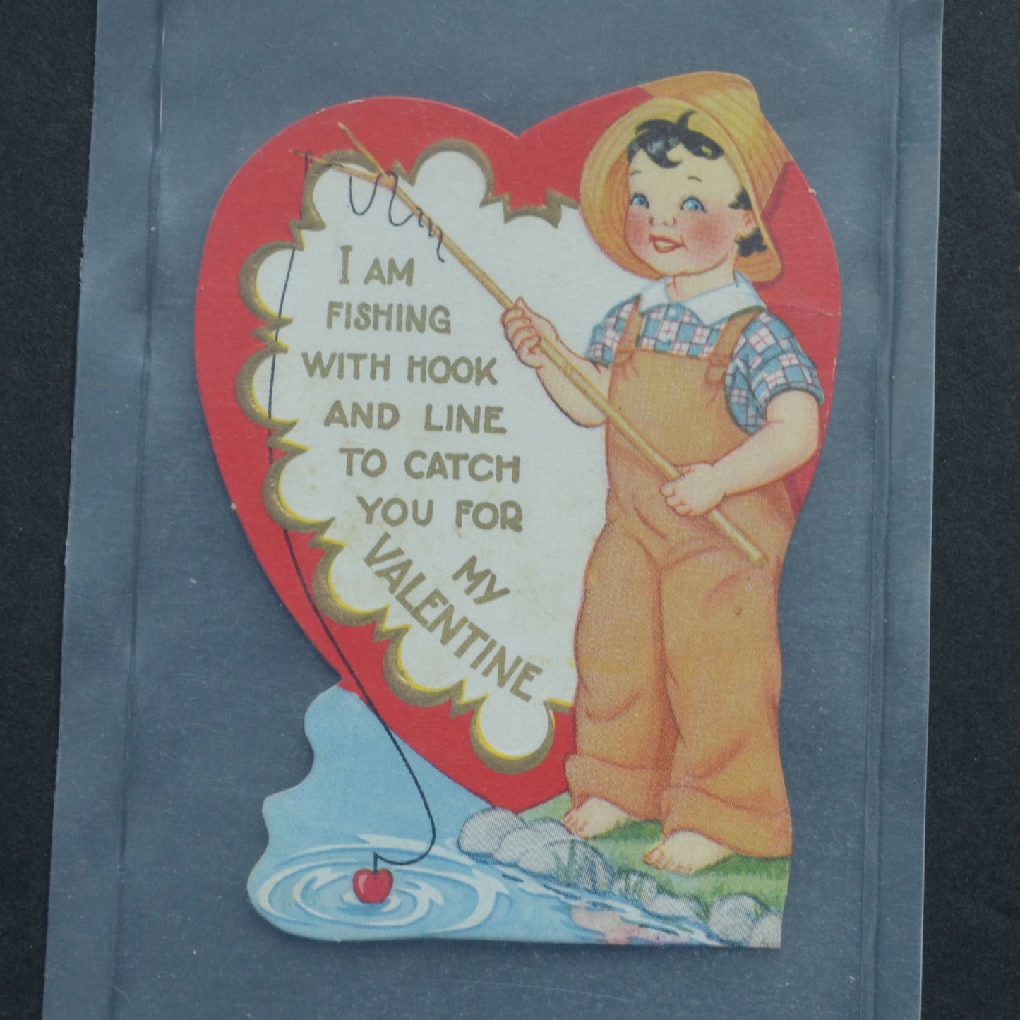 Vintage Valentine Card Boy Fishing Hook and Line