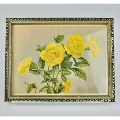 Vintage Yellow Roses Print in Vintage Wooden Frame