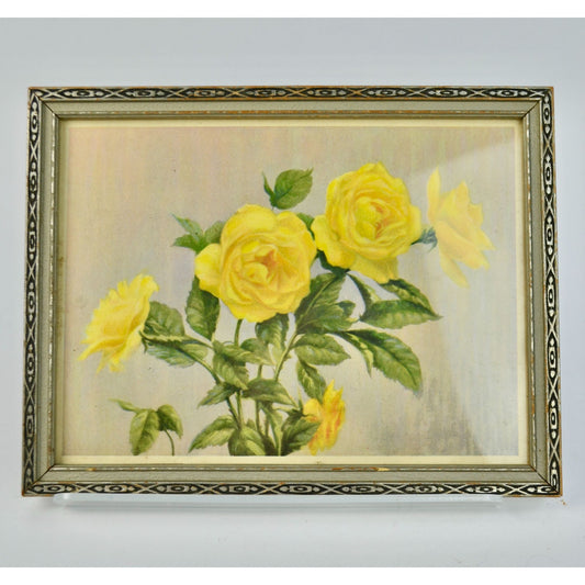 Vintage Yellow Roses Print in Vintage Wooden Frame