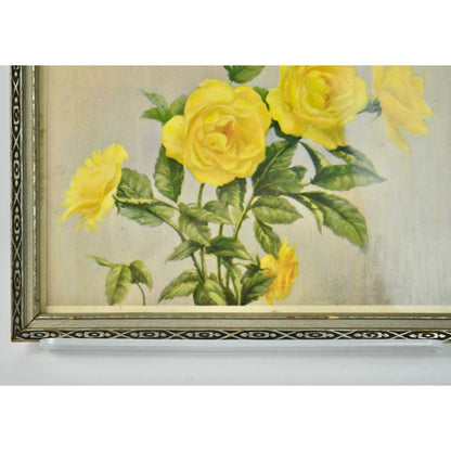 Vintage Yellow Roses Print in Vintage Wooden Frame