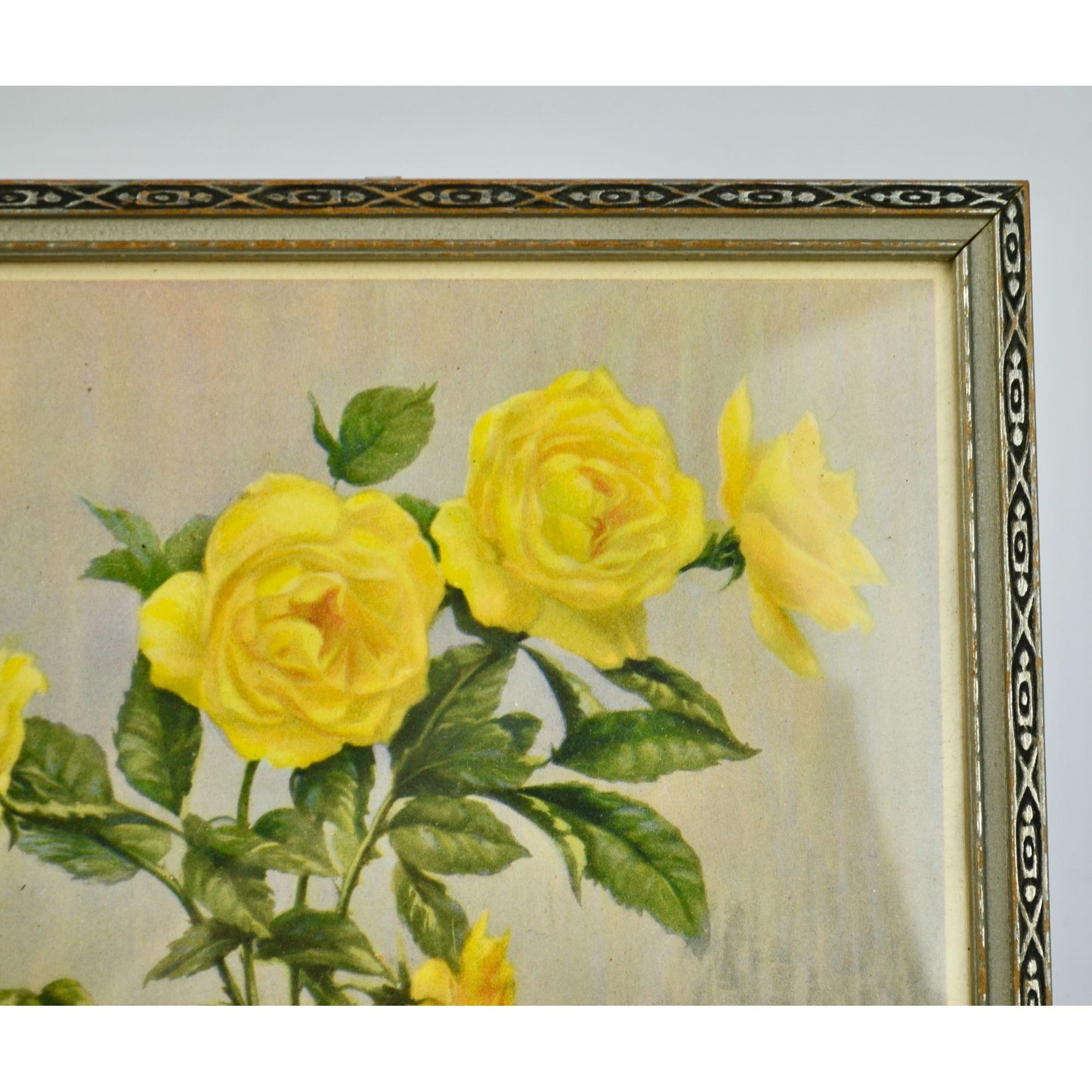 Vintage Yellow Roses Print in Vintage Wooden Frame
